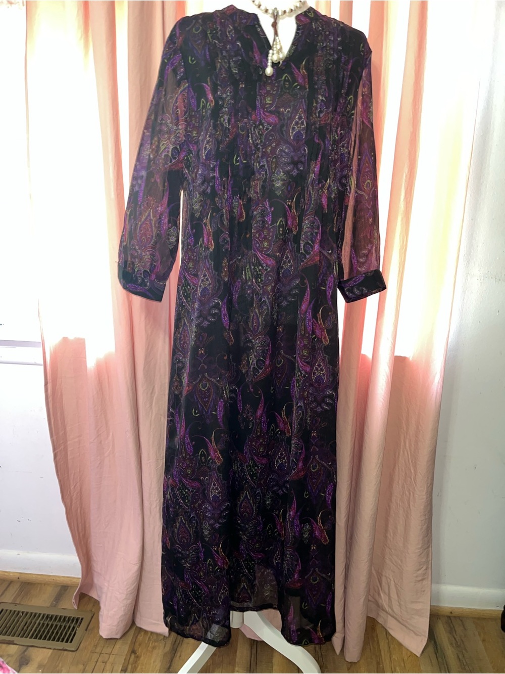 Women's Black and Purple Paisley Long Sleeve Maxi Dress